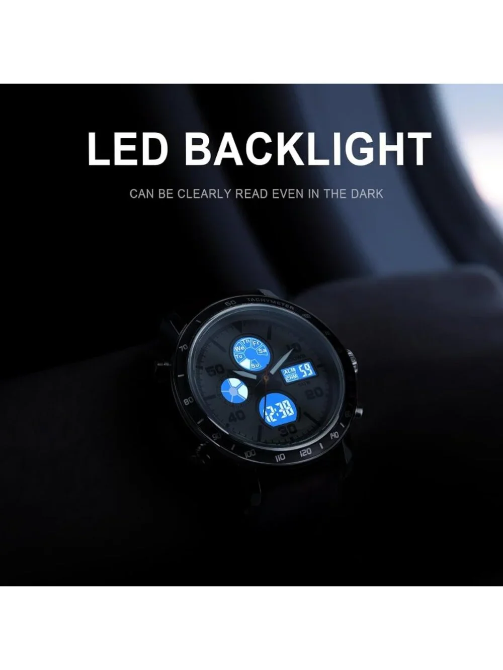 Men's All Black Analog Leather Waterproof Military Multifunctional Digital Watch